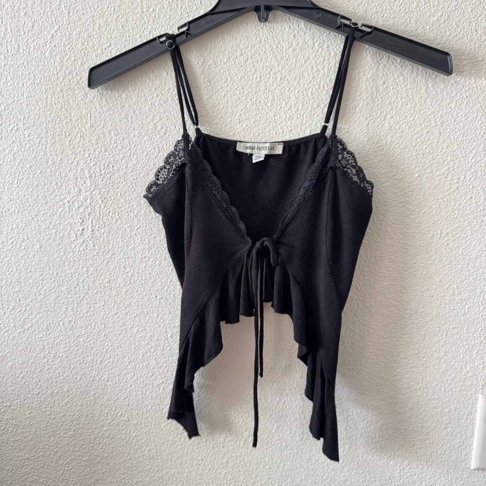Whimsigoth Black Lace Trim Tie Front Ruffle Hem Cami Top S Witchy Sultry Y2K